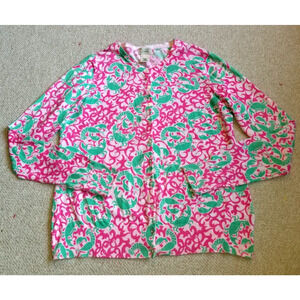 Womens Sweater-L.L. BEAN-pink/green crab/shrimp design cotton cardigan 3/4 slv-L